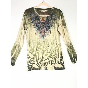 DECREE Graphic LS Tee Women XL Green Nature Boho Tribal Inspired‎ Wings Design